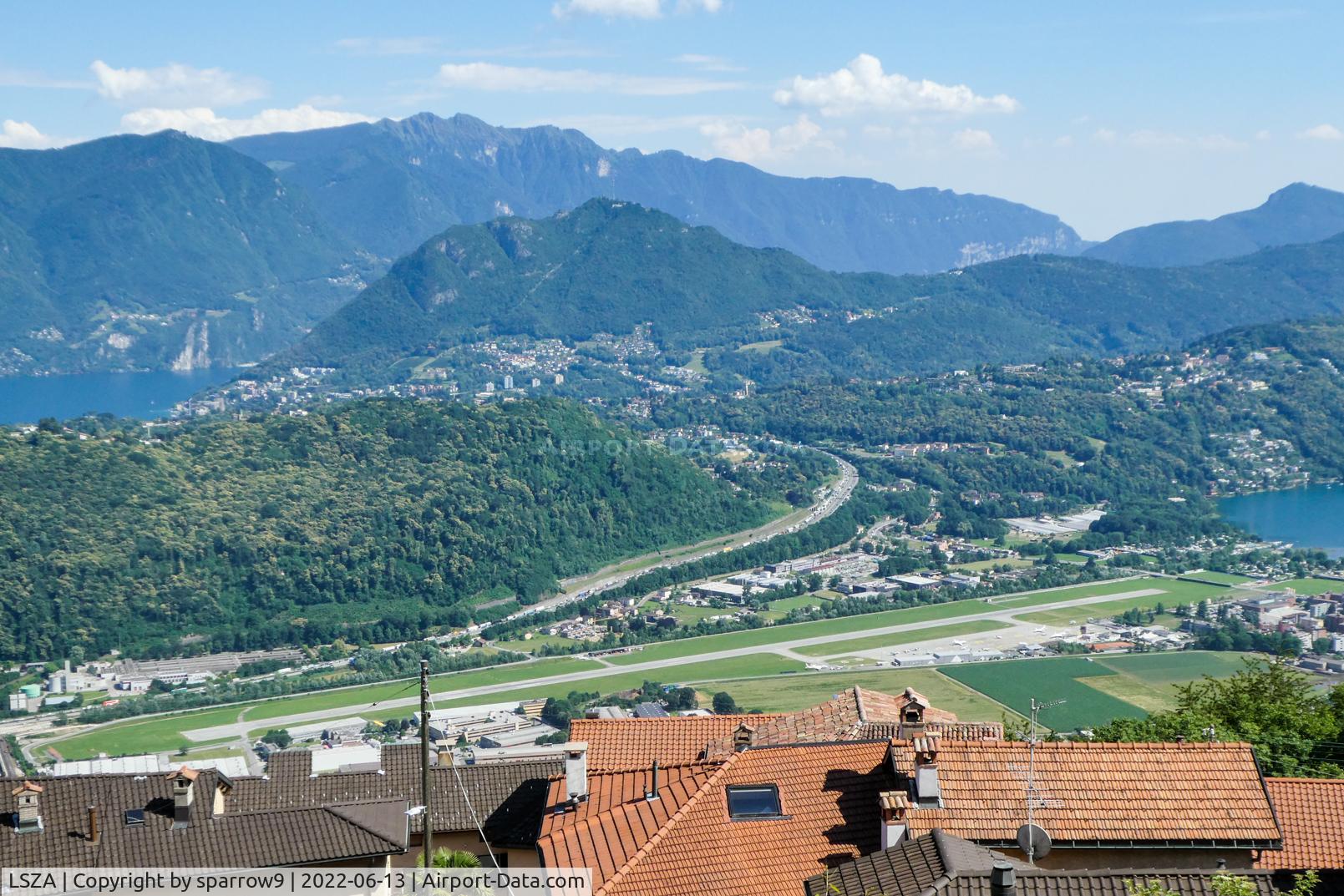 Lugano-Agno Airport, Lugano Switzerland (LSZA) - The Airport seen from the mountain at its west side 1540 feet above the runway.