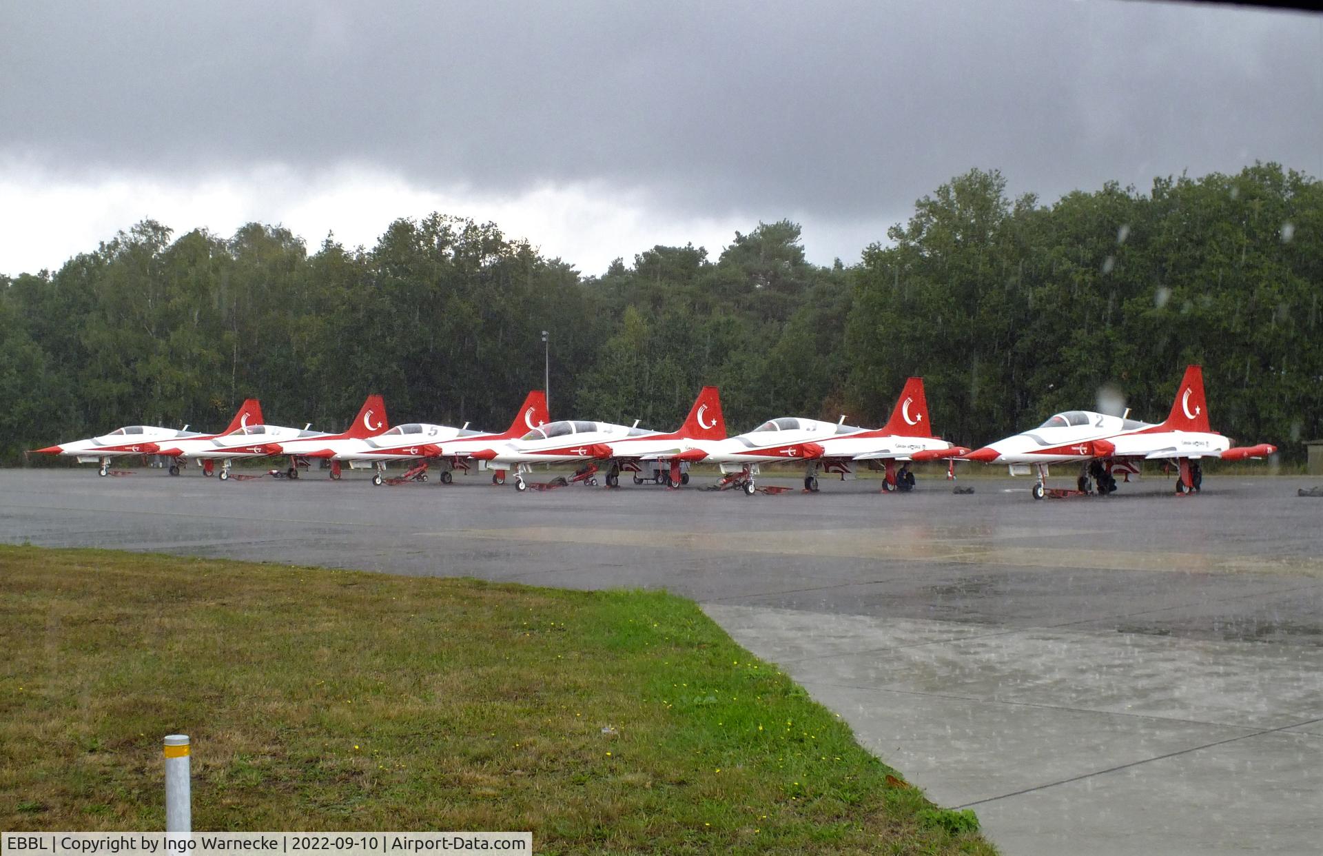 Kleine Brogel Air Base Airport, Kleine Brogel Belgium (EBBL) - Turkish Stars display team lined up in the pouring rain at the 2022 Sanicole Spottersday at Kleine Brogel air base
