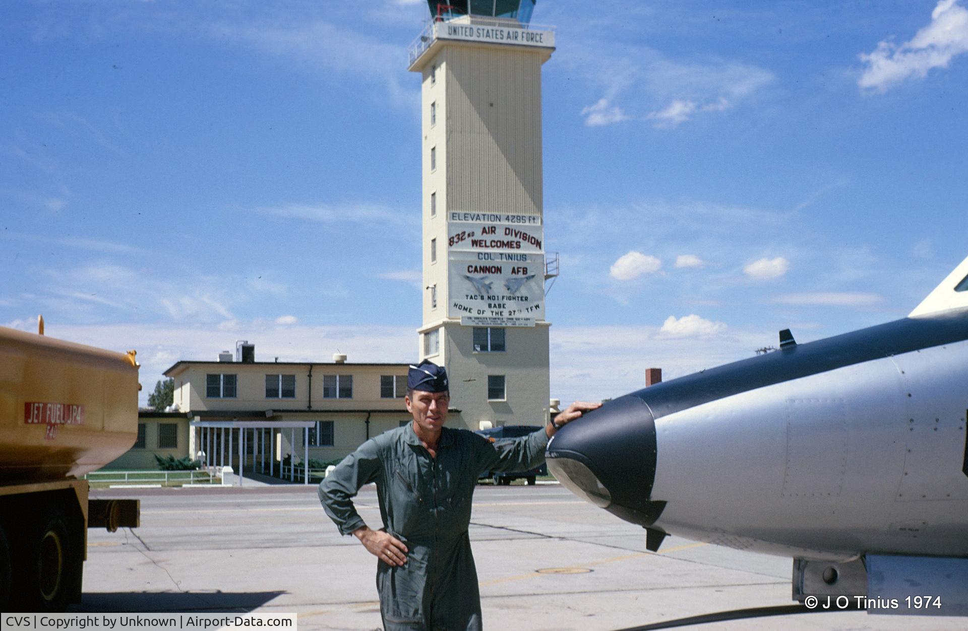 Cannon Afb Airport (CVS) - Col John O Tinius, USAF, welcomed to Cannon AFB, NM. Probably 1974.
Col Tinius flew the F-86 on 41 combat missions in Korea and remained on flight status for almost his entire career, retiring in 1976.
