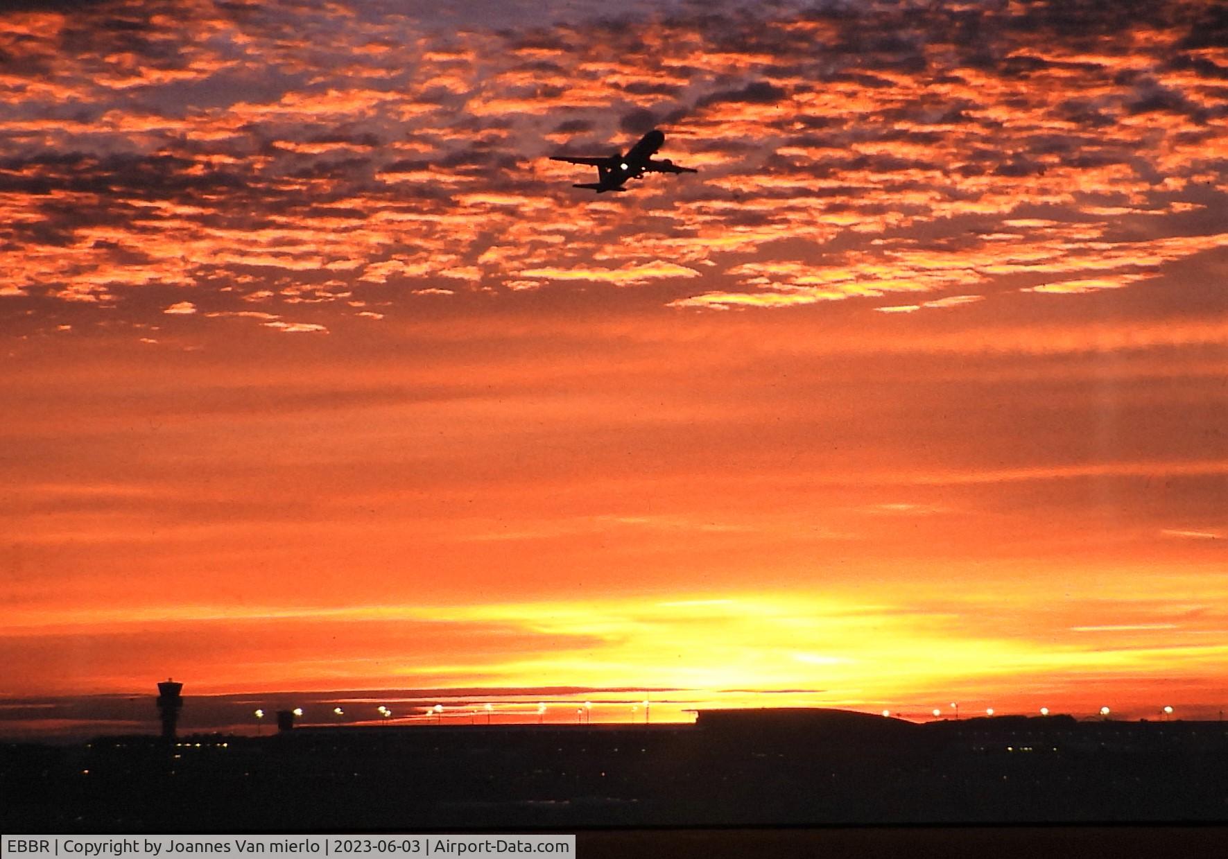 Brussels Airport, Brussels / Zaventem   Belgium (EBBR) - Brussels 25R by sunset '90s slide scan