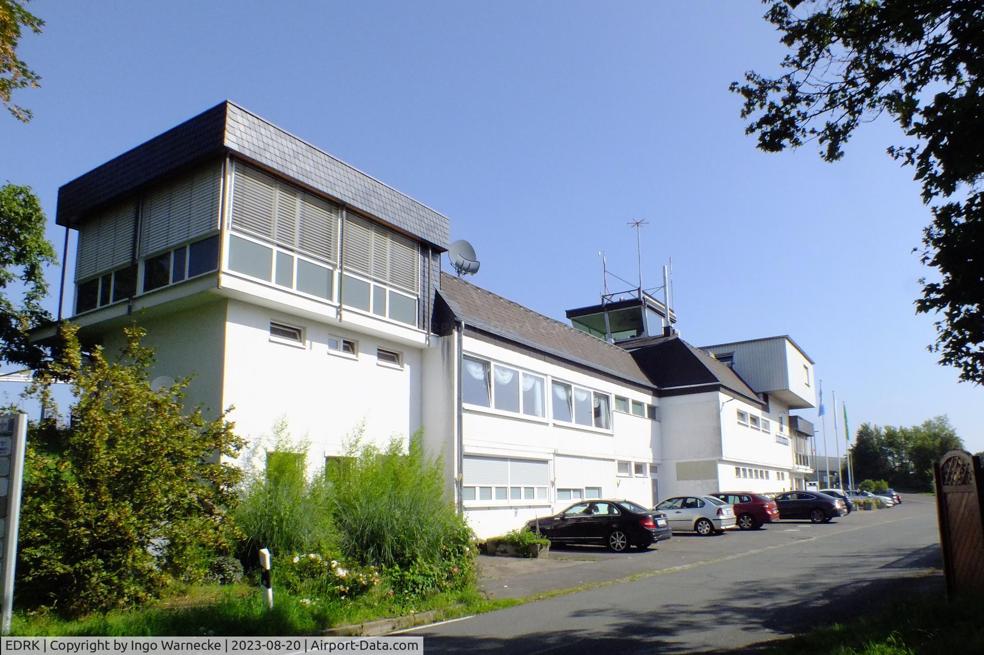 Koblenz Winningen Airport, Winningen, Mosel Germany (EDRK) - landside view of terminal, tower and airfield restaurant at Koblenz-Winningen airfield