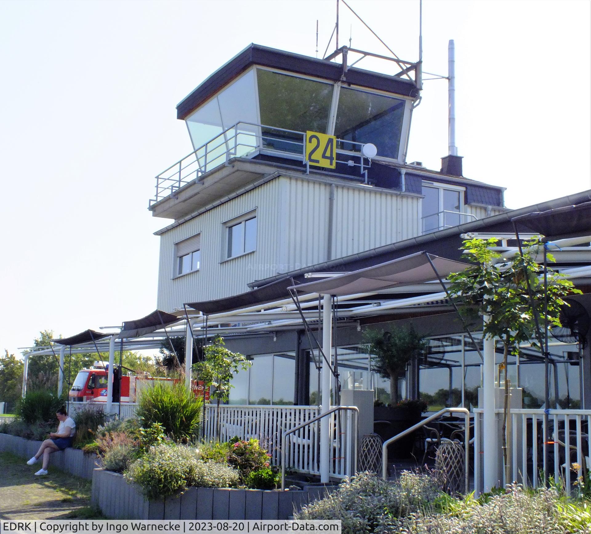 Koblenz Winningen Airport, Winningen, Mosel Germany (EDRK) - airside view of terminal, tower and airfield restaurant at Koblenz-Winningen airfield