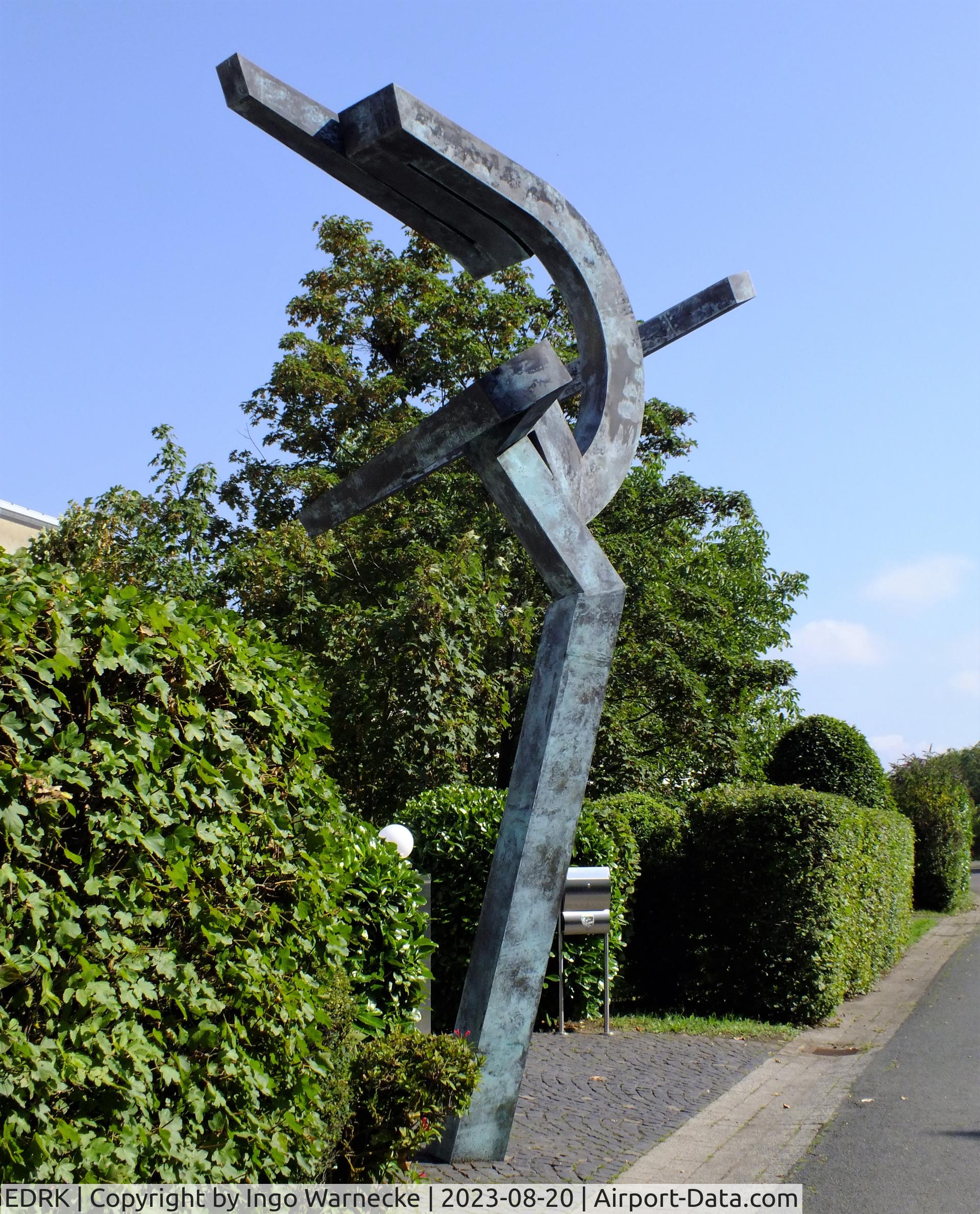 Koblenz Winningen Airport, Winningen, Mosel Germany (EDRK) - skulpture in front of the helicopter section of Rhineland-Palatinate police (Polizeihubschrauberstaffel Rheinland-Pfalz) at Koblenz-Winningen airfield