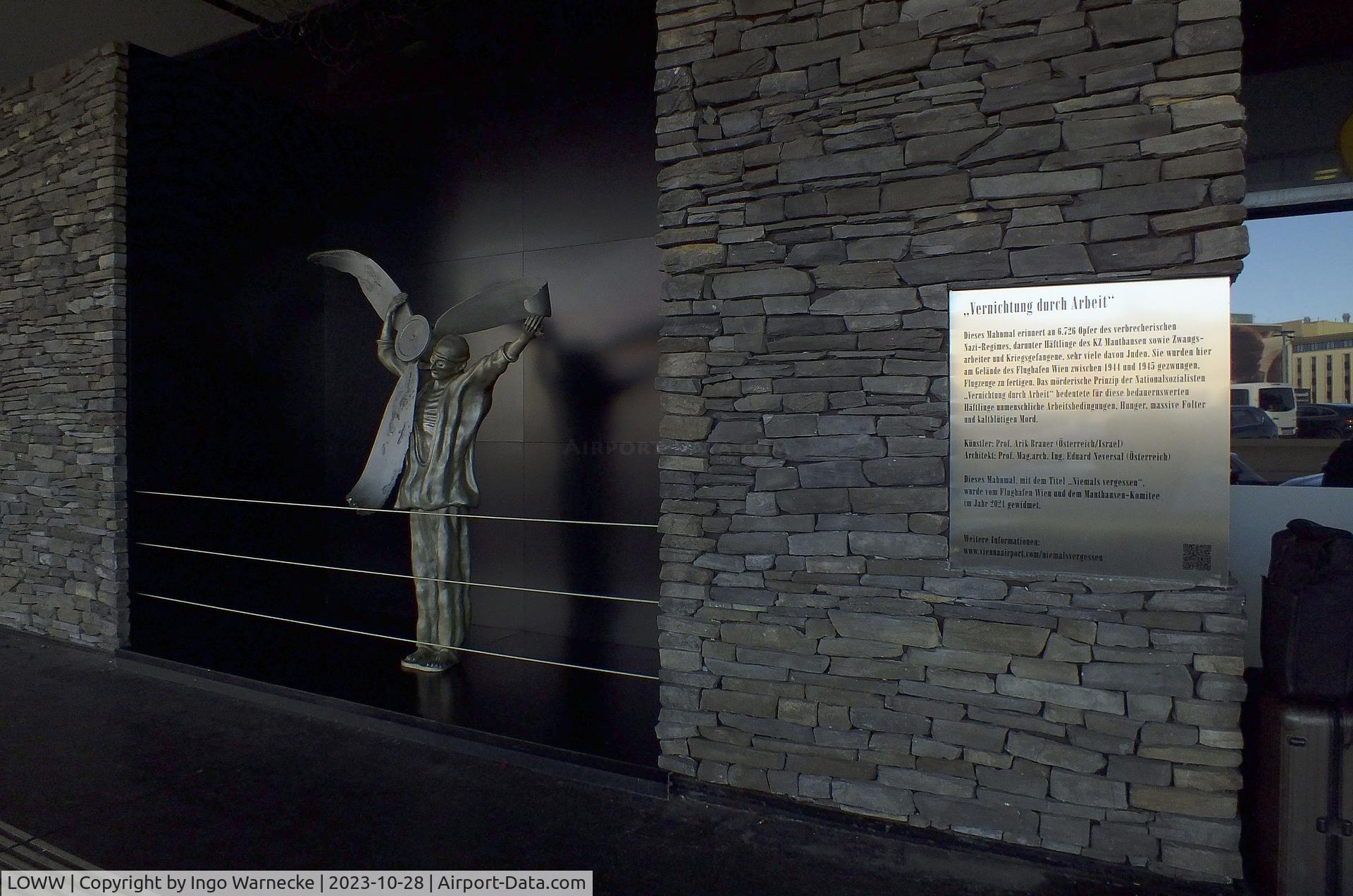 Vienna International Airport, Vienna Austria (LOWW) - memorial for the victims of forced labour in aircraft production at Vienna airport 1944-1945 at the outside of terminal 3 at Wien airport