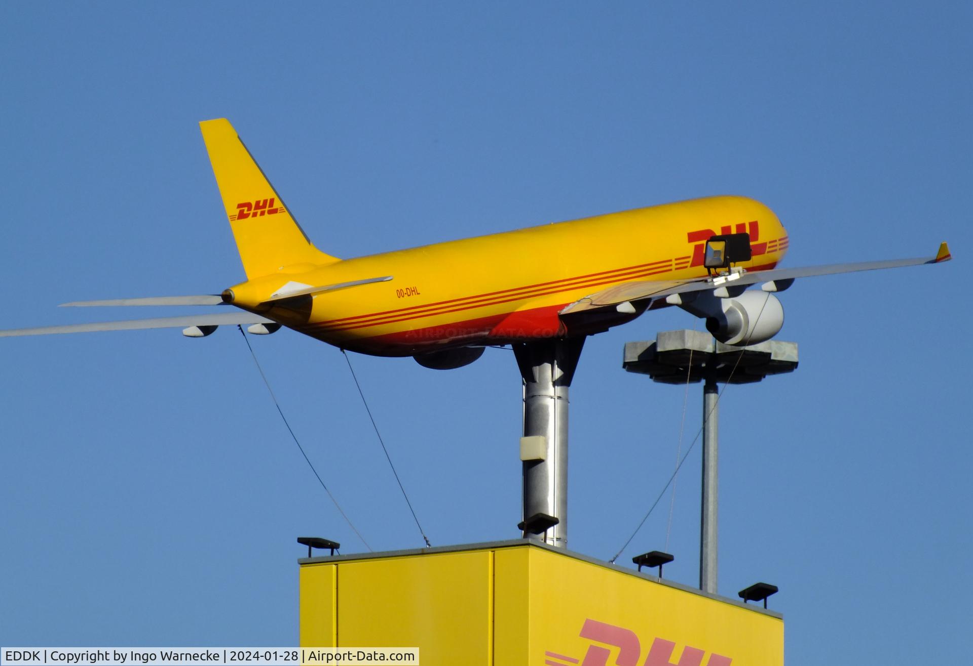 Cologne Bonn Airport, Cologne/Bonn Germany (EDDK) - Airbus A330 large scale model (ca 8x8 m) on pedestal at DHL headquarters at Köln/Bonn airport