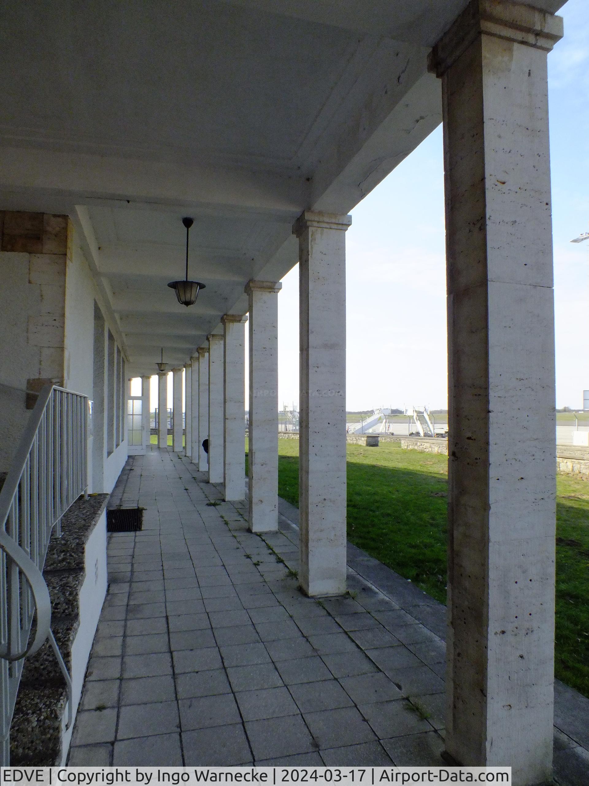 Braunschweig-Wolfsburg Regional Airport, Braunschweig, Lower Saxony Germany (EDVE) - looking west through the colonnades of the visitors terrace of Braunschweig/Wolfsburg airport, BS/Waggum