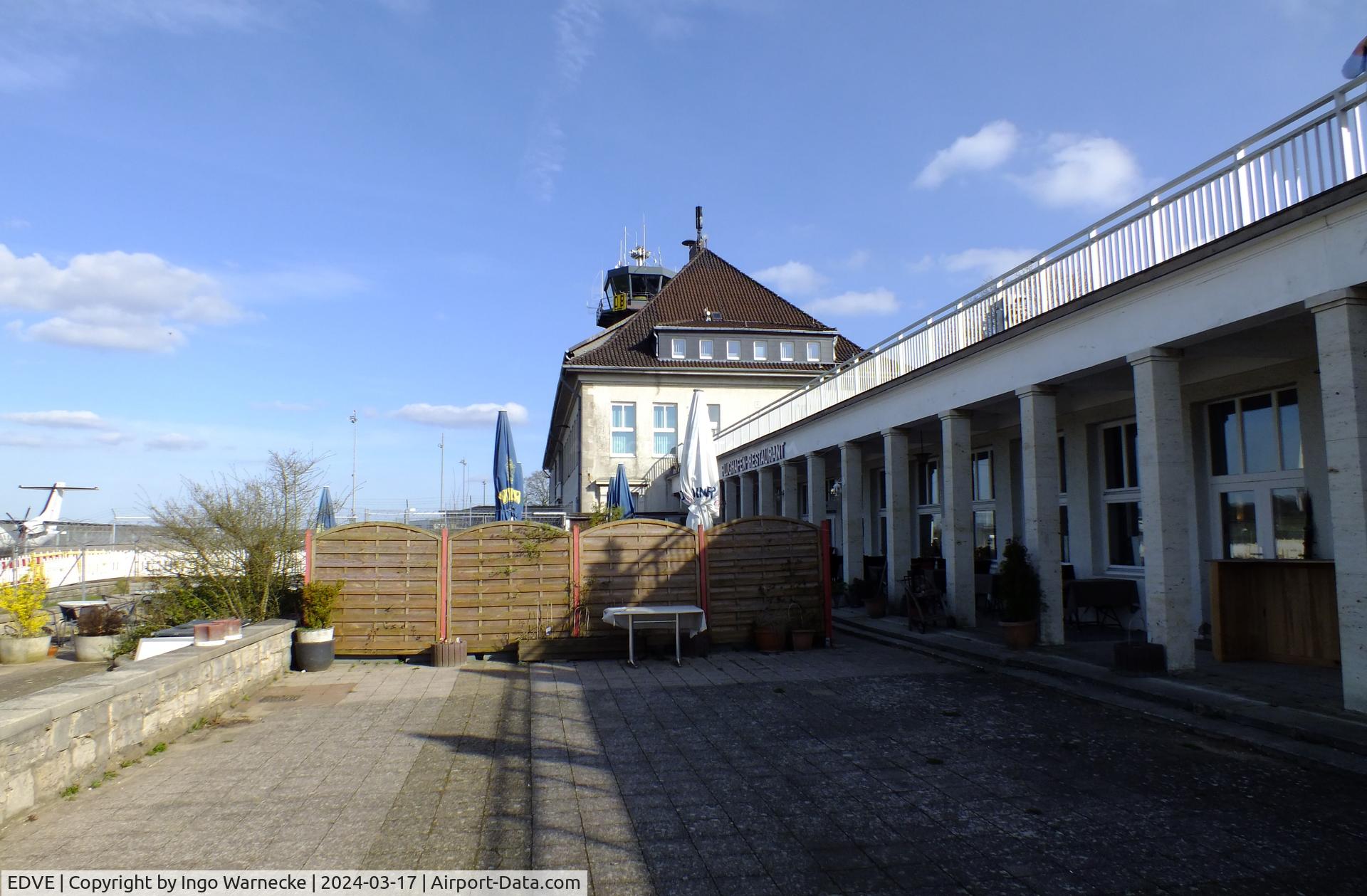 Braunschweig-Wolfsburg Regional Airport, Braunschweig, Lower Saxony Germany (EDVE) - looking east at apron, airport restaurant and terminal from the visitors terrace of Braunschweig/Wolfsburg airport, BS/Waggum