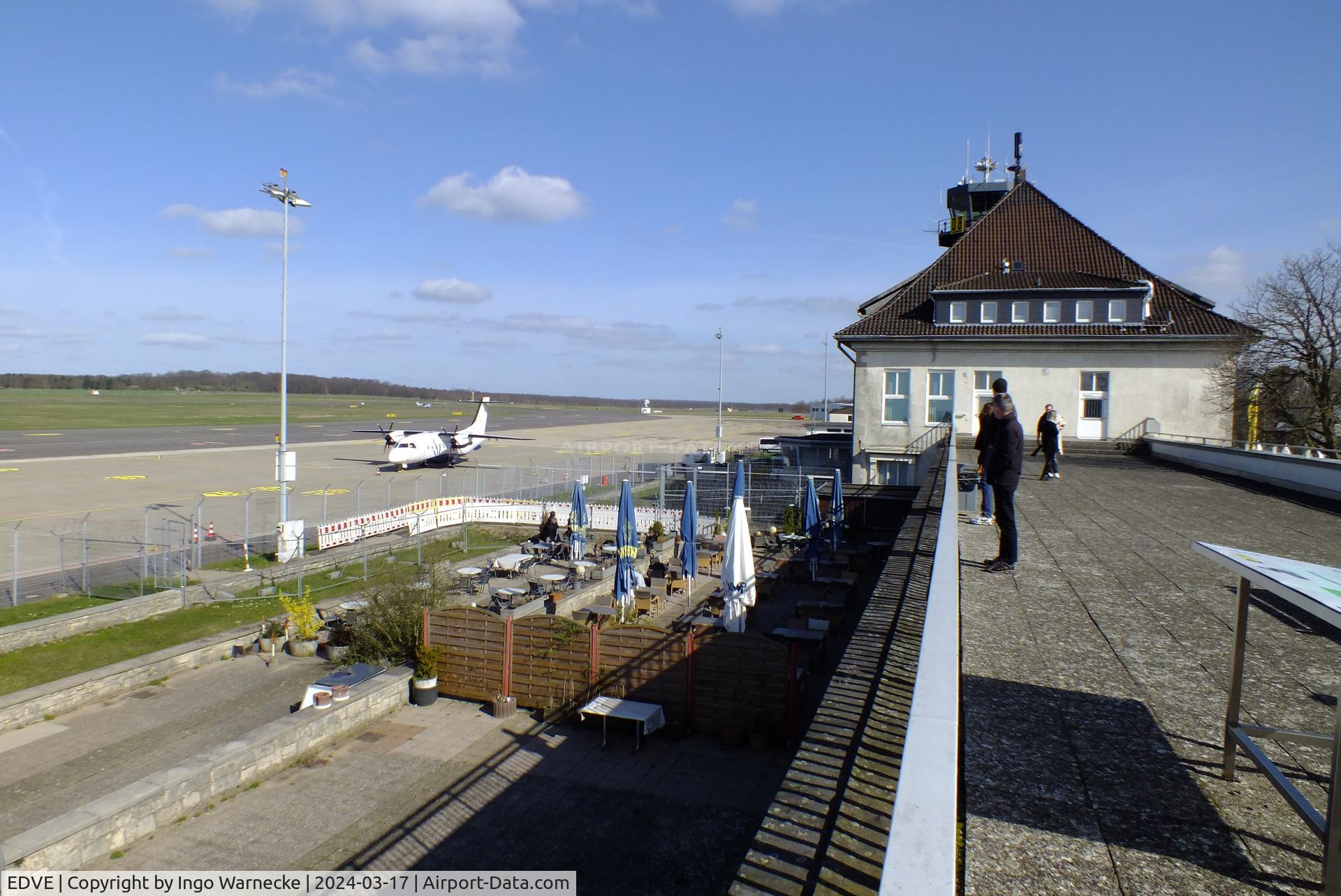 Braunschweig-Wolfsburg Regional Airport, Braunschweig, Lower Saxony Germany (EDVE) - looking east at apron, airport restaurant and terminal from the visitors terrace of Braunschweig/Wolfsburg airport, BS/Waggum