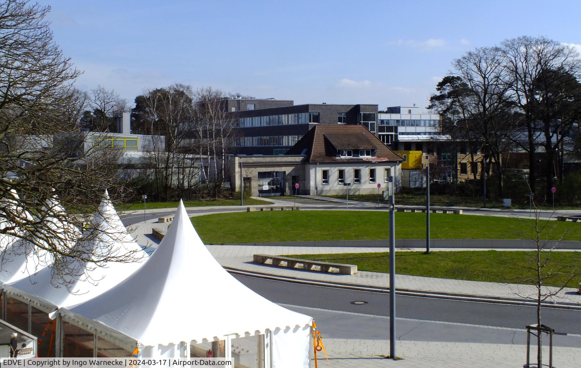 Braunschweig-Wolfsburg Regional Airport, Braunschweig, Lower Saxony Germany (EDVE) - view from the visitors terrace with temporary pre-boarding tents towards the DLR at Braunschweig/Wolfsburg airport, BS/Waggum
