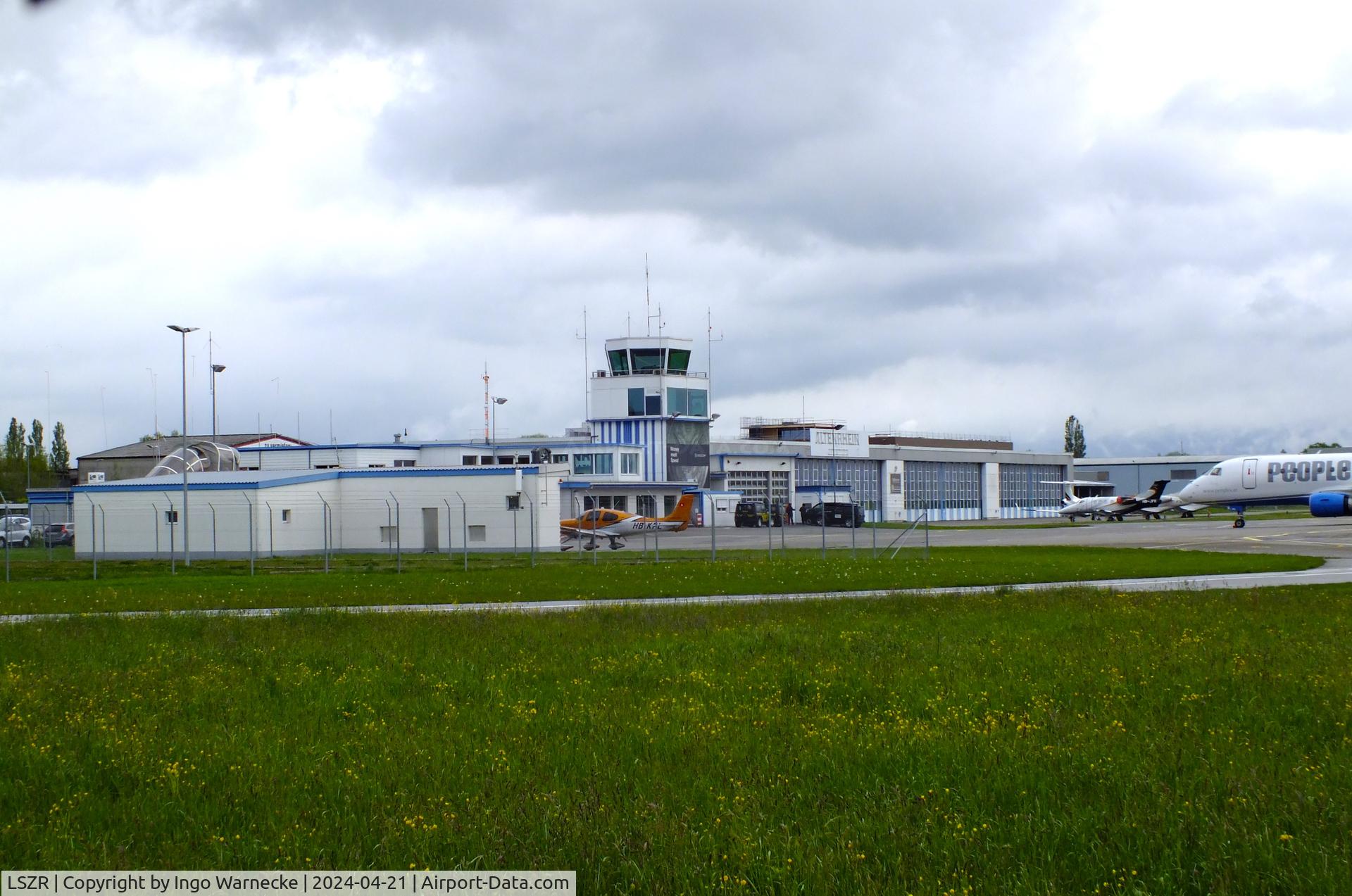 St. Gallen-Altenrhein Airport, Altenrhein Switzerland (LSZR) - airside view of terminal and tower at St.Gallen-Altenrhein airport