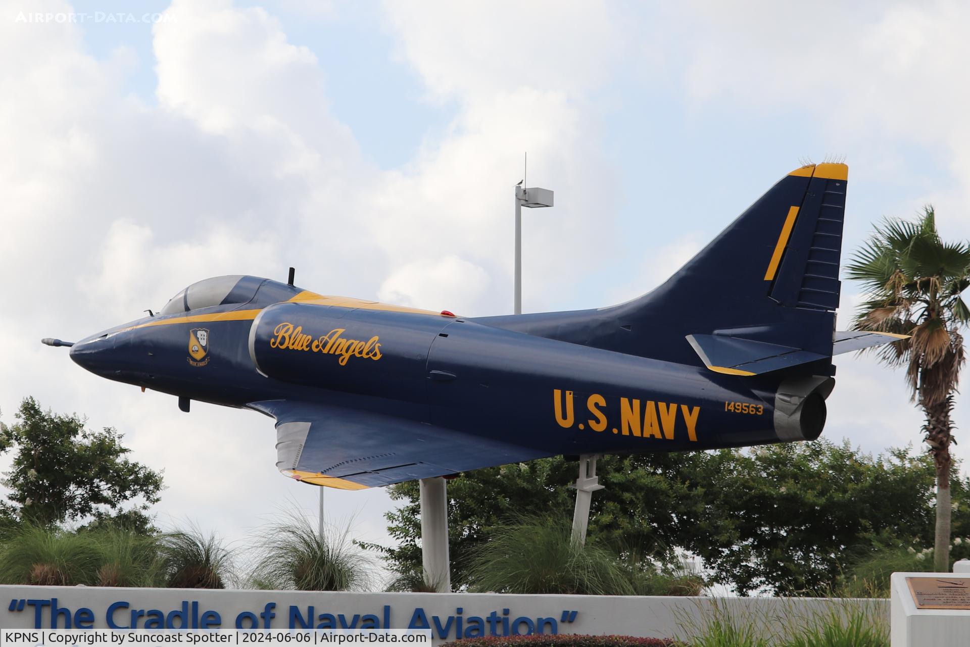 Pensacola Gulf Coast Regional Airport (PNS) - Blue Angels A-4 Skyhawk on display at entrance to Pensacola International Airport