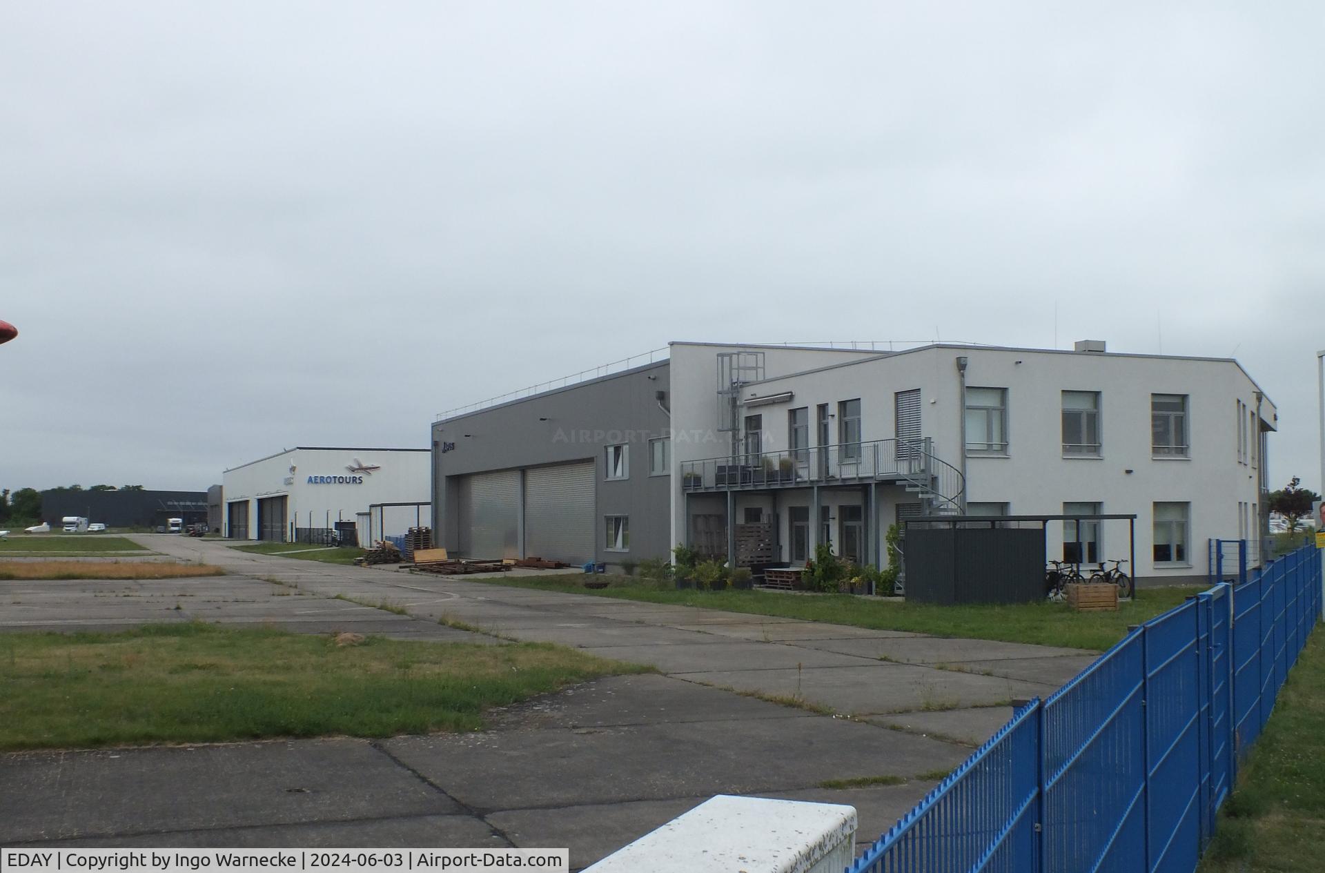 EDAY Airport - airside view of buildings and hangars on the western side of Strausberg airfield
