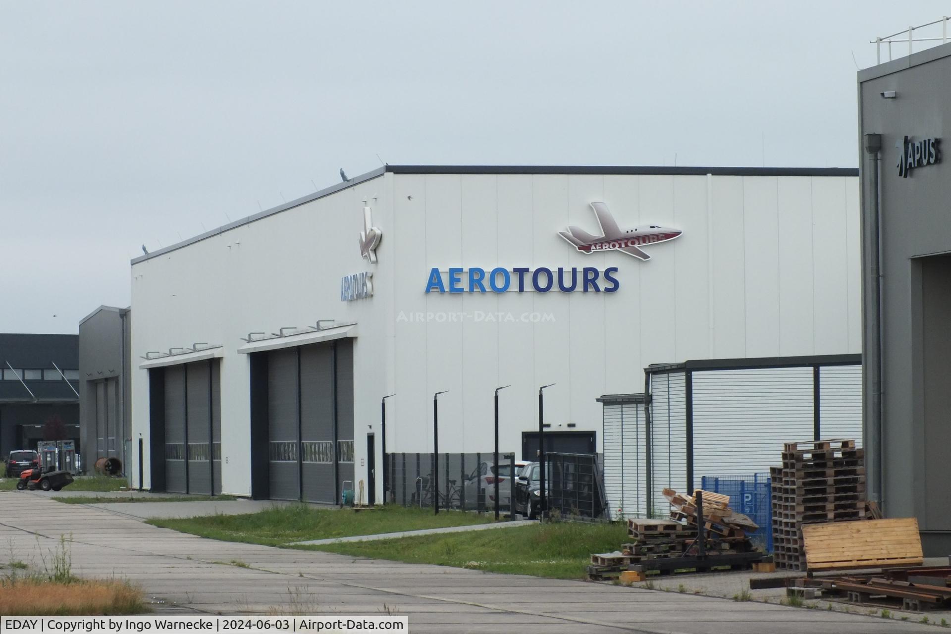 EDAY Airport - airside view of buildings and hangars on the western side of Strausberg airfield