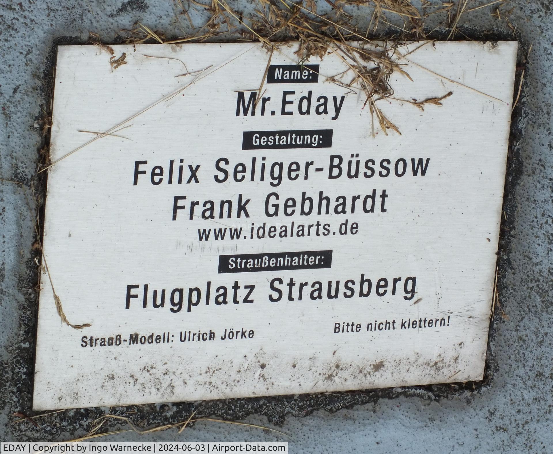 EDAY Airport - plaque of Mr. EDAY ostrich skulpture at Strausberg airfield