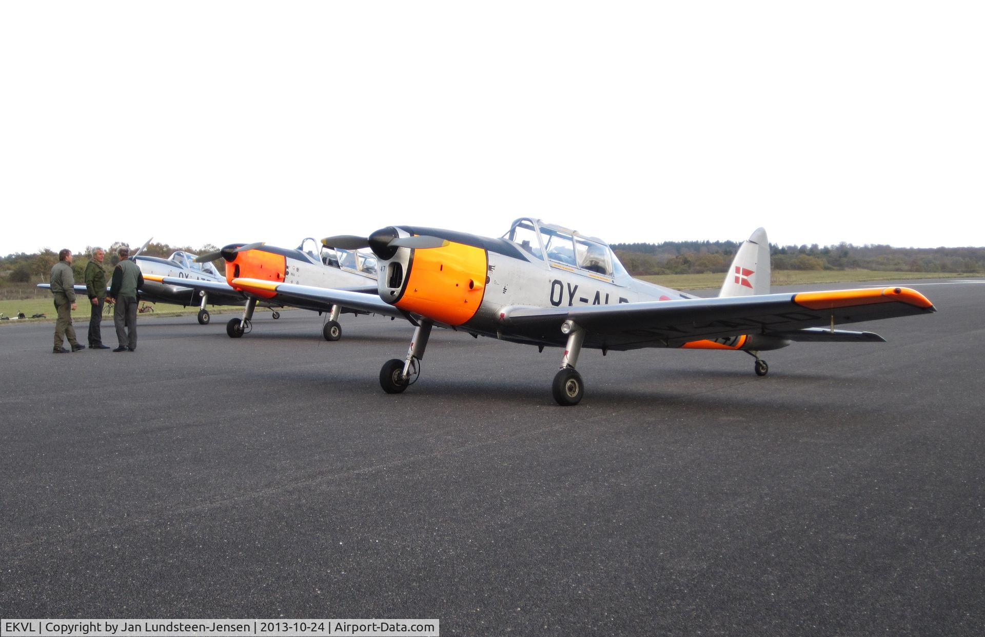 EKVL Airport - 3 de Havilland DHC-1 Chipmunks at a small 3-plane airshow at the former Vaerloese Air Base in Denmark (OY-ATF, -AVF, -ALD). This was the first time aircraft landed at the airfield since the location became a civilian area.
