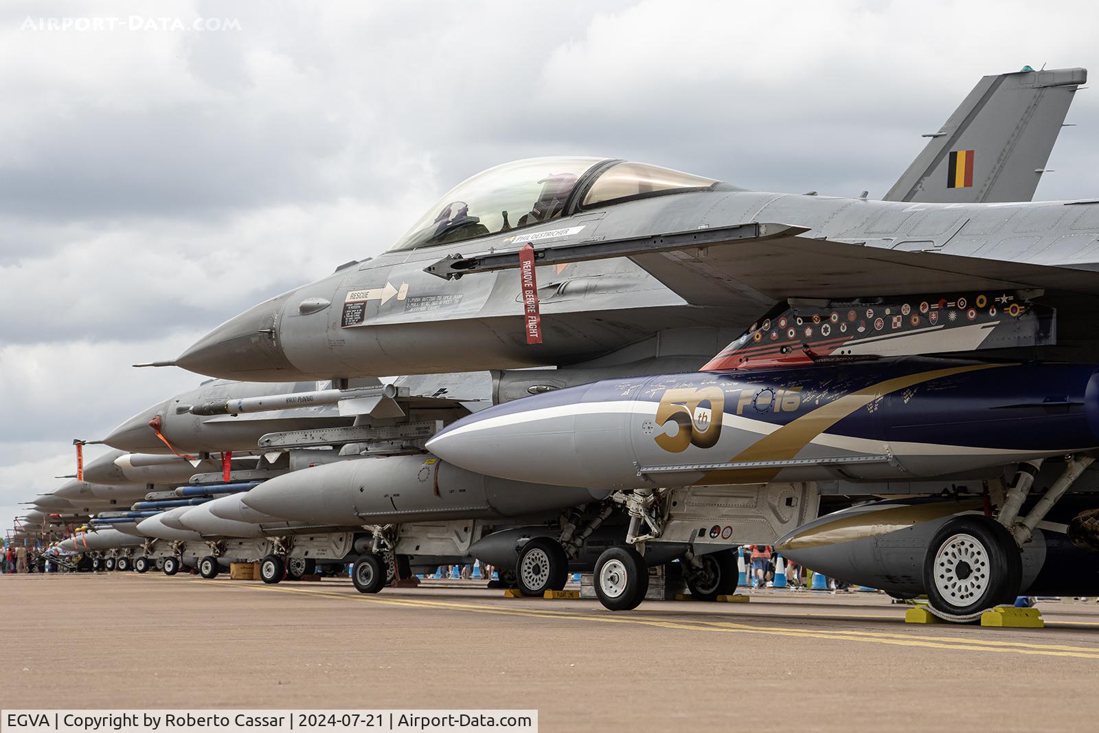 RAF Fairford Airport, Fairford, England United Kingdom (EGVA) - F-16 line up at the Royal International Air Tattoo 2024