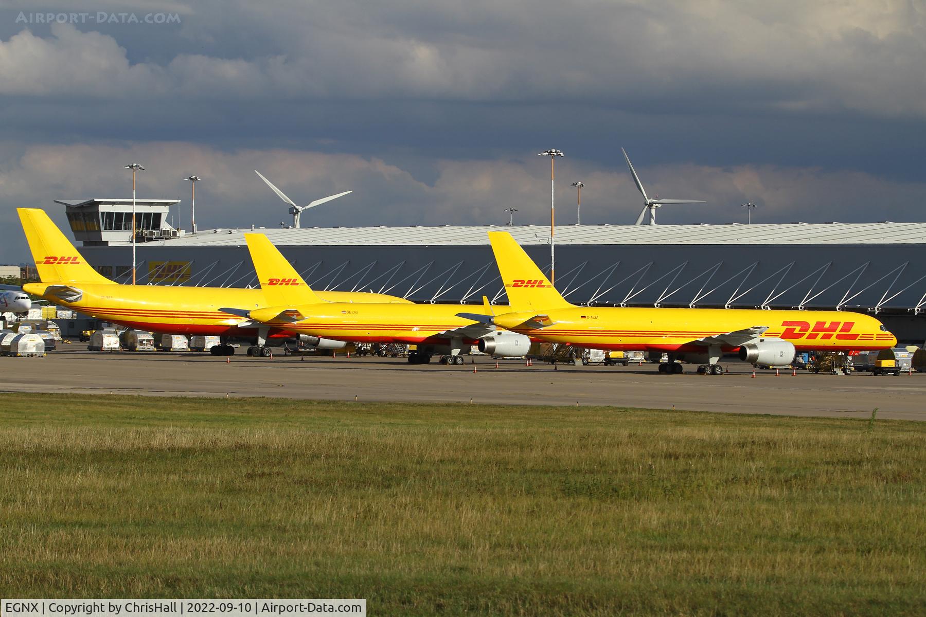 Nottingham East Midlands Airport, East Midlands, England United Kingdom (EGNX) - EI-EXR Airbus A300B4-622R, OE-LNU Boeing 757-256 and D-ALET Boeing 757-28A on the DHL apron at East Midlands