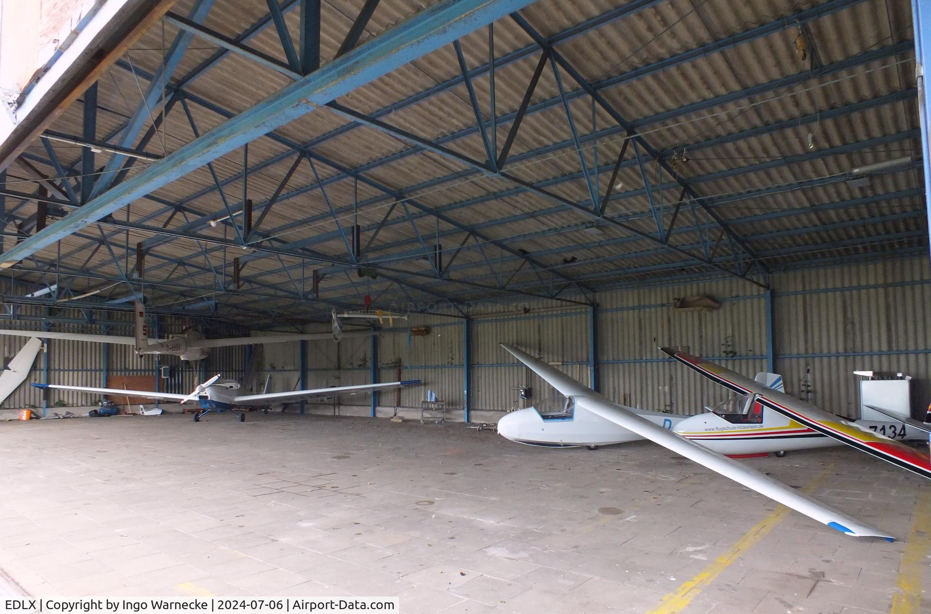 EDLX Airport - looking inside the big hangar at the western end of Wesel-Römerwardt airfield