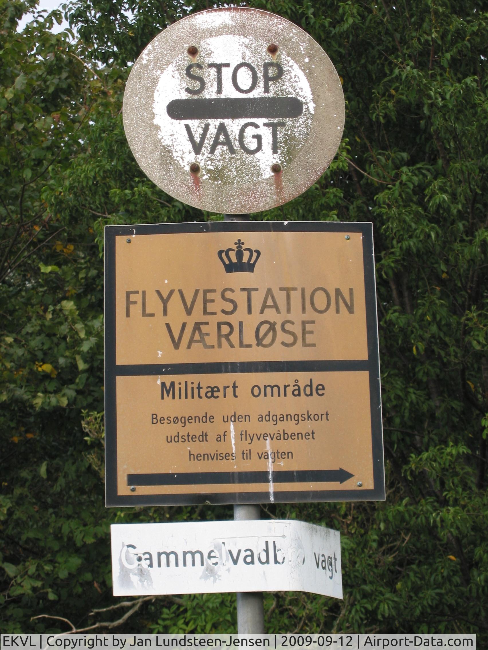 EKVL Airport - Signs at the Gammelvadbro entrance of the closed Vaerloese Air Base in Denmark. The signs were removed a few years later.