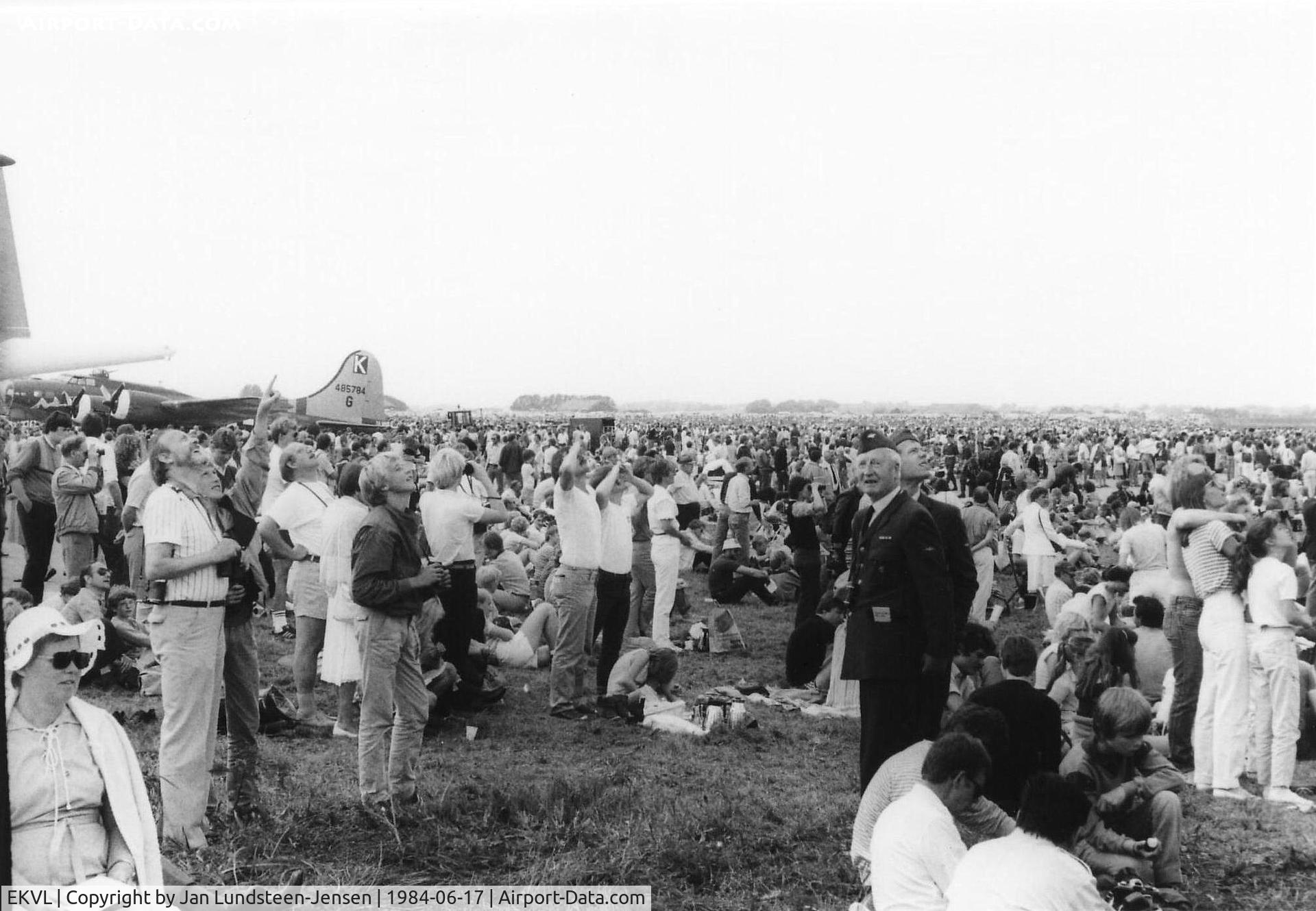 EKVL Airport - More than 100,000 spectators at the Vaerloese Air Base 50th anniversary airshow in Denmark in 1984. To the left Boeing B-17G 'Sally B' G-BEDF (exUSAAF 44-85784).