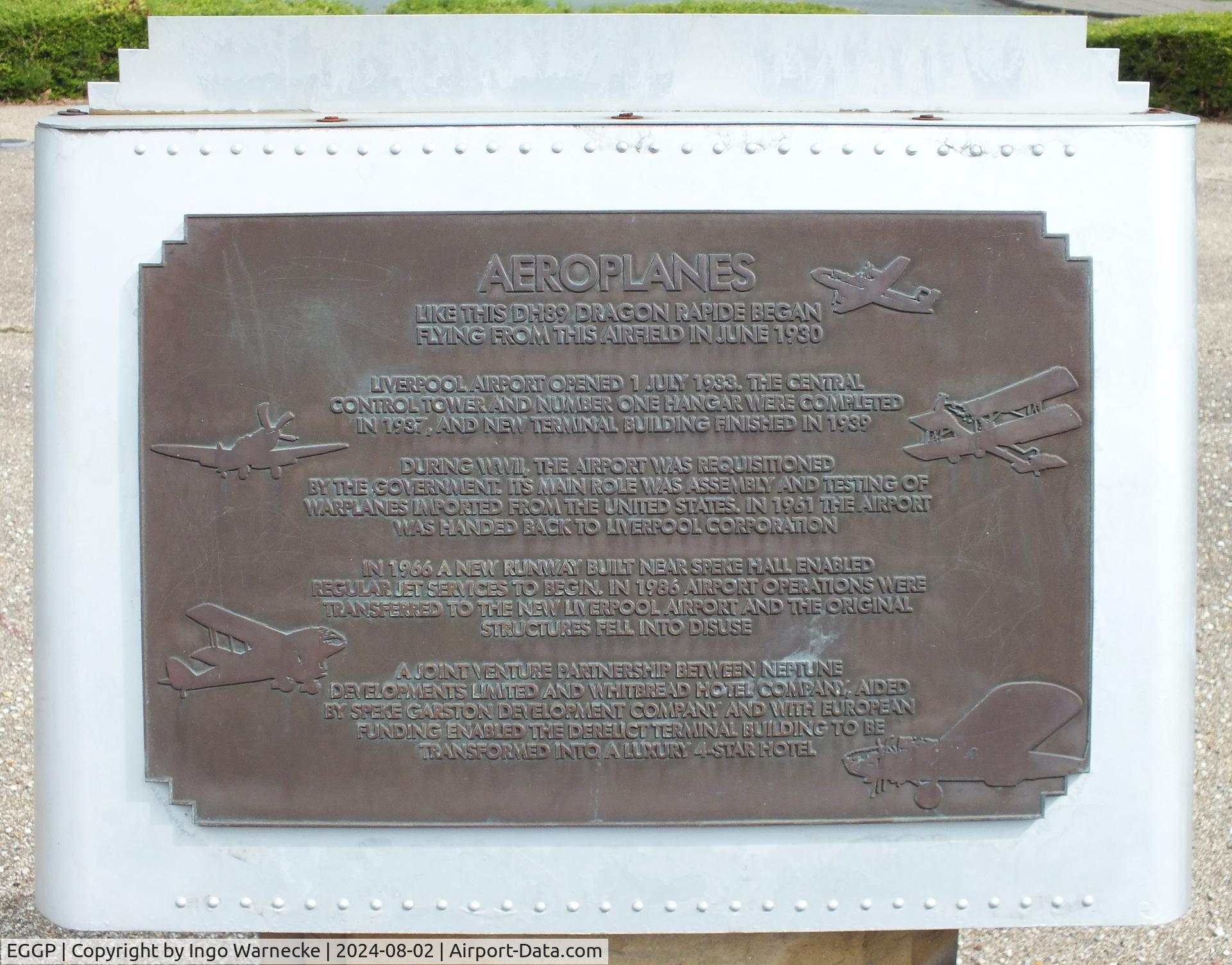 Liverpool John Lennon Airport, Liverpool, England United Kingdom (EGGP) - memorial plaque about the history of Liverpool Speke airport in front of the old 1930s terminal