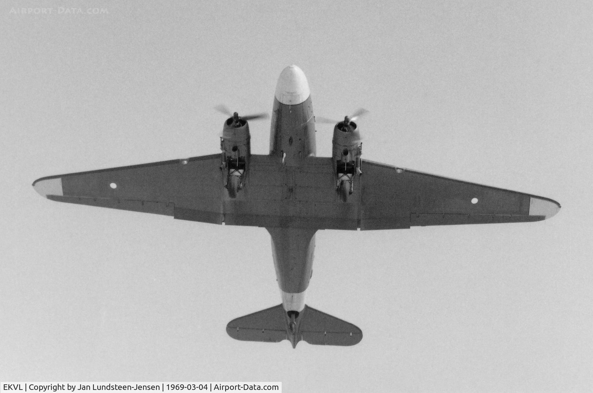 EKVL Airport - Royal Danish Air Force Douglas C-47A seen on final approach to Runway 28 at Vaerloese Air Base in Denmark in 1969. Danish AF operated a total of 8 C-47As 1953-1982. They were based at Vaerloese 1956-1982.