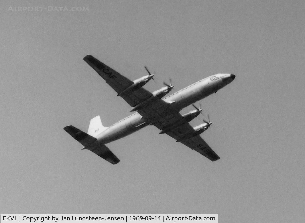 EKVL Airport - Canadair CC-106 Yukon of Canadian Armed Forces seen shortly after takeoff from Runway 10 at Vaerloese Air Base in Denmark in 1969. Military aircraft from foreign NATO countries were frequent visitors at Vaerloese AB.