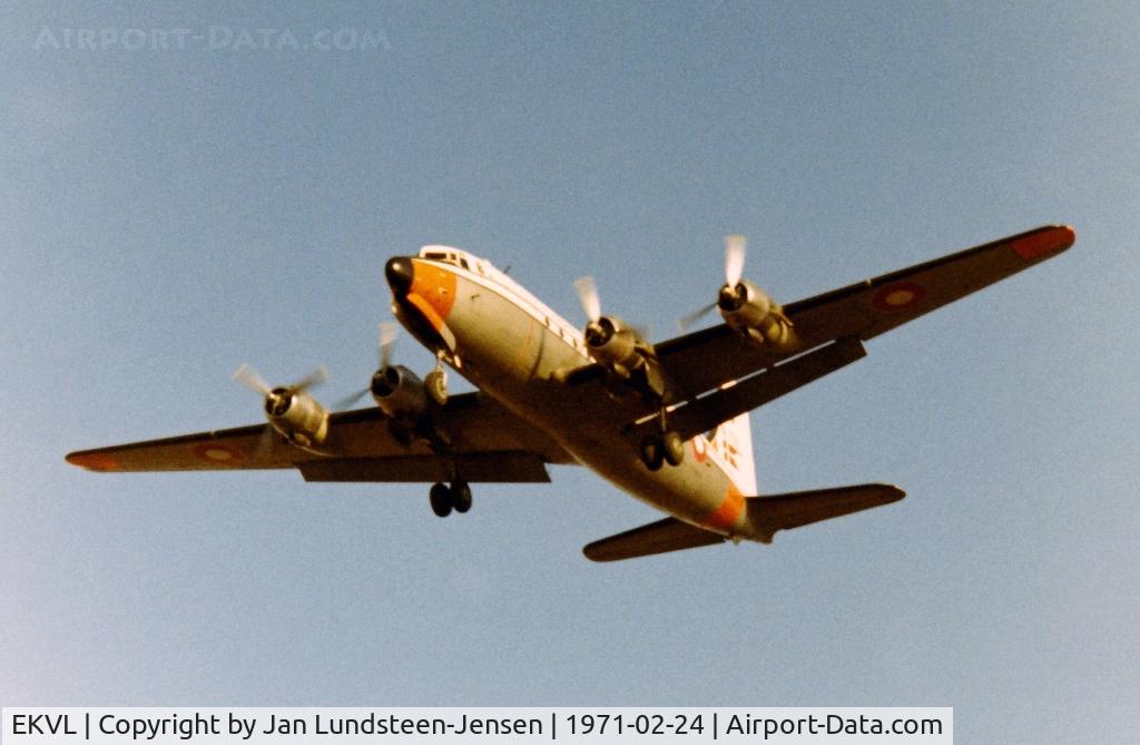 EKVL Airport - Royal Danish Air Force Douglas C-54D seen on final approach to Runway 28 at Vaerloese Air Base in Denmark in 1971. Danish AF operated a total of 6 C-54s 1959-1977, all based at Vaerloese.