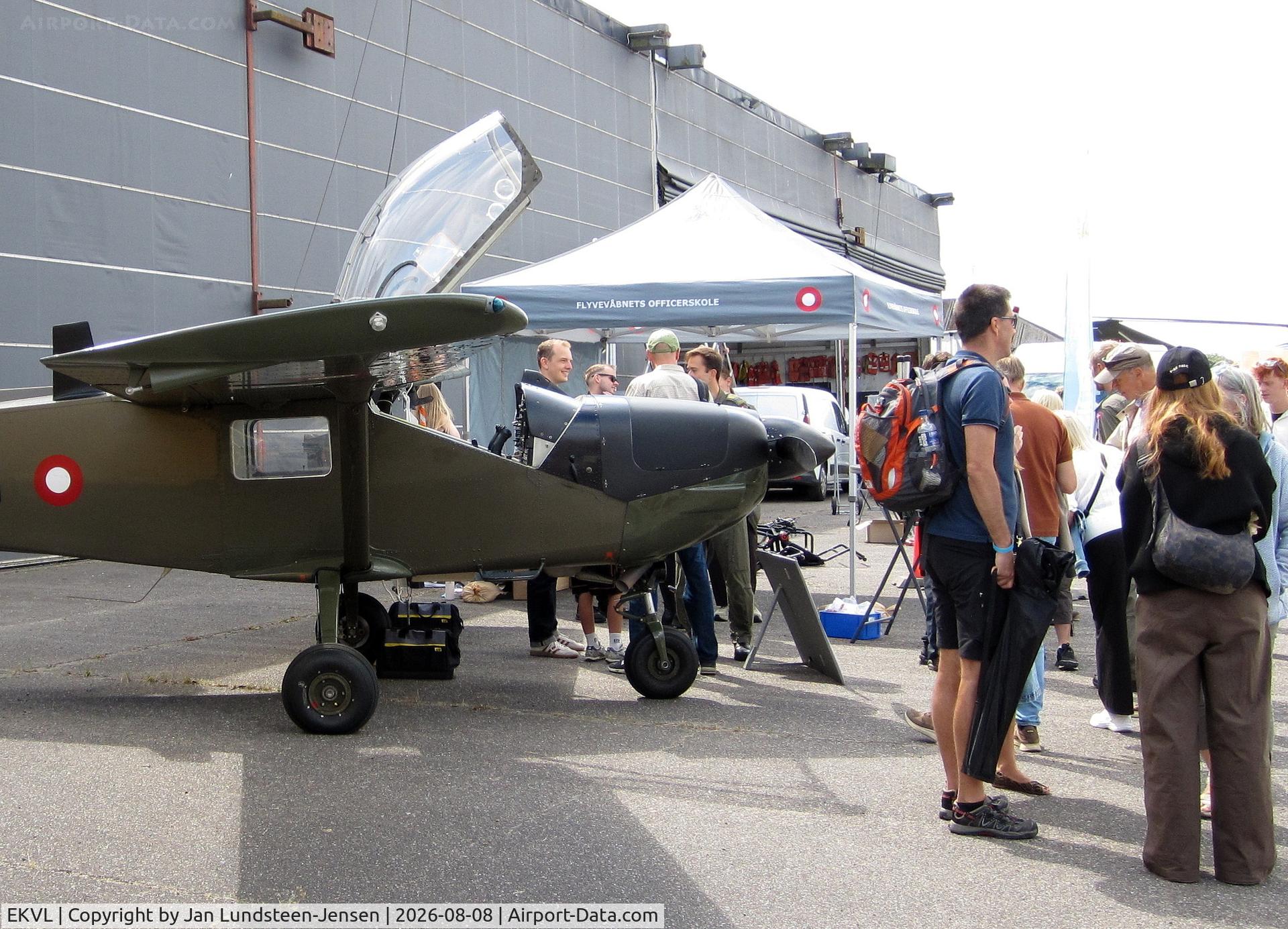Værløse Air Base Airport, Danish Air Force promotional stand with a Saab MFI T-17 on display in front of Hangar 2 at an airshow at the former Vaerloese Air Base in Denmark., photo by Jan Lundsteen-Jensen